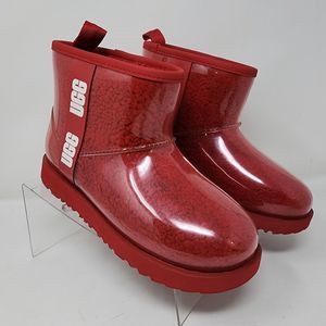 UGG Waterproof Boots Womens 6 Red Classic Mini Clear Ankle Shoes Spell Out